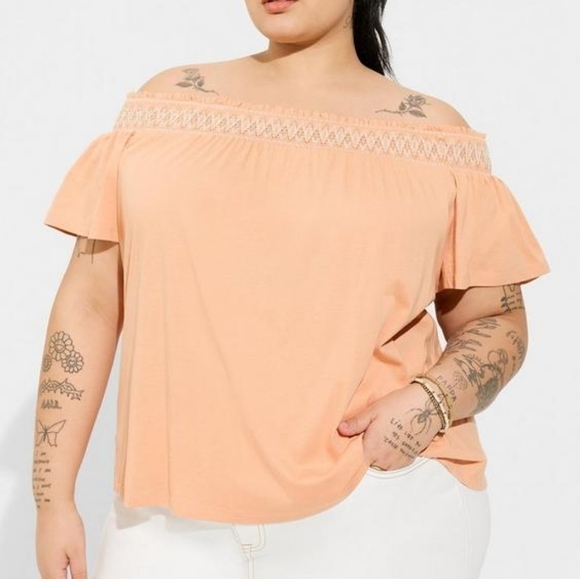 1X - Torrid | Cotton Modal Jersey Off Shoulder Smocked Yoke Top - Picture 2 of 5